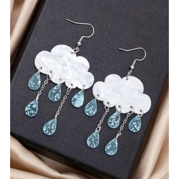 White Rain Clouds With Lt. Blue Dangle Raindrops 1.6" x 2.25" - Picture 4 of 7